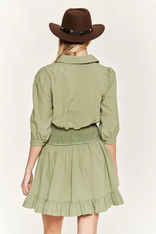 Eyelet V-Neck Short Dress with Ruffled Trim and 3/4 Sleeves
