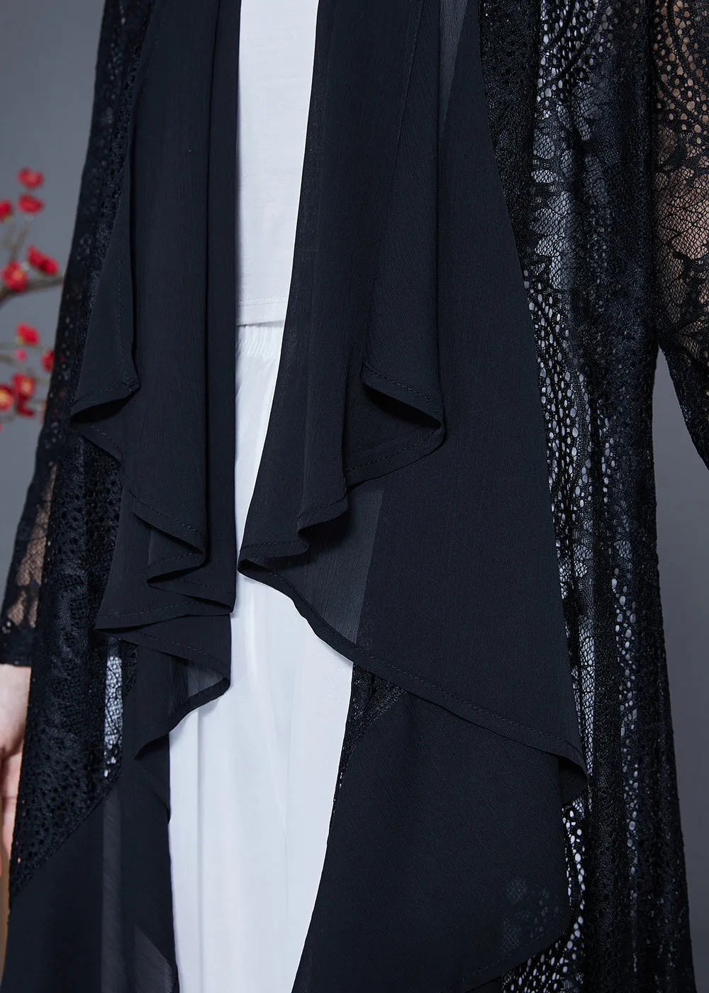 Fine Black Ruffles Patchwork Hollow Out Lace Cardigans Summer LY4169