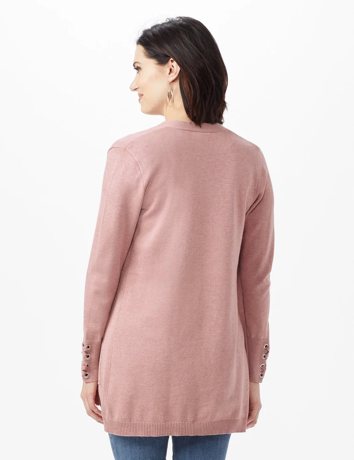 Grommet Lace-Up Trim Open Cardigan