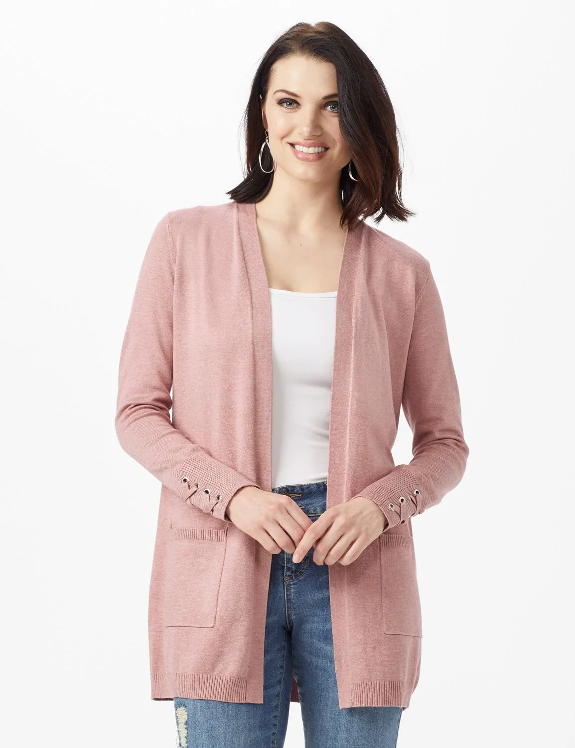 Grommet Lace-Up Trim Open Cardigan