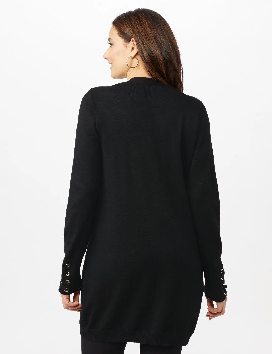 Grommet Lace-Up Trim Open Cardigan