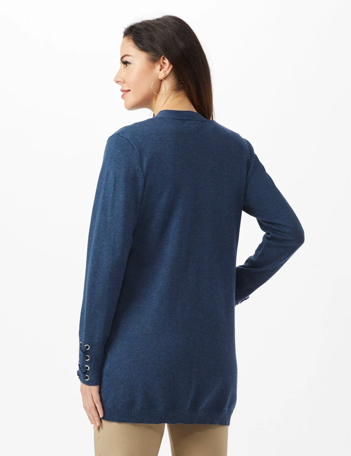 Grommet Lace-Up Trim Open Cardigan