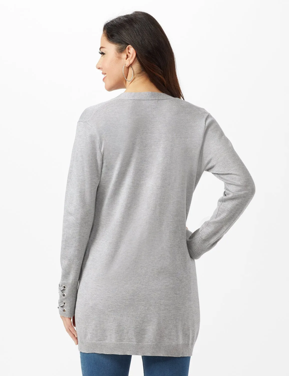 Grommet Lace-Up Trim Open Cardigan