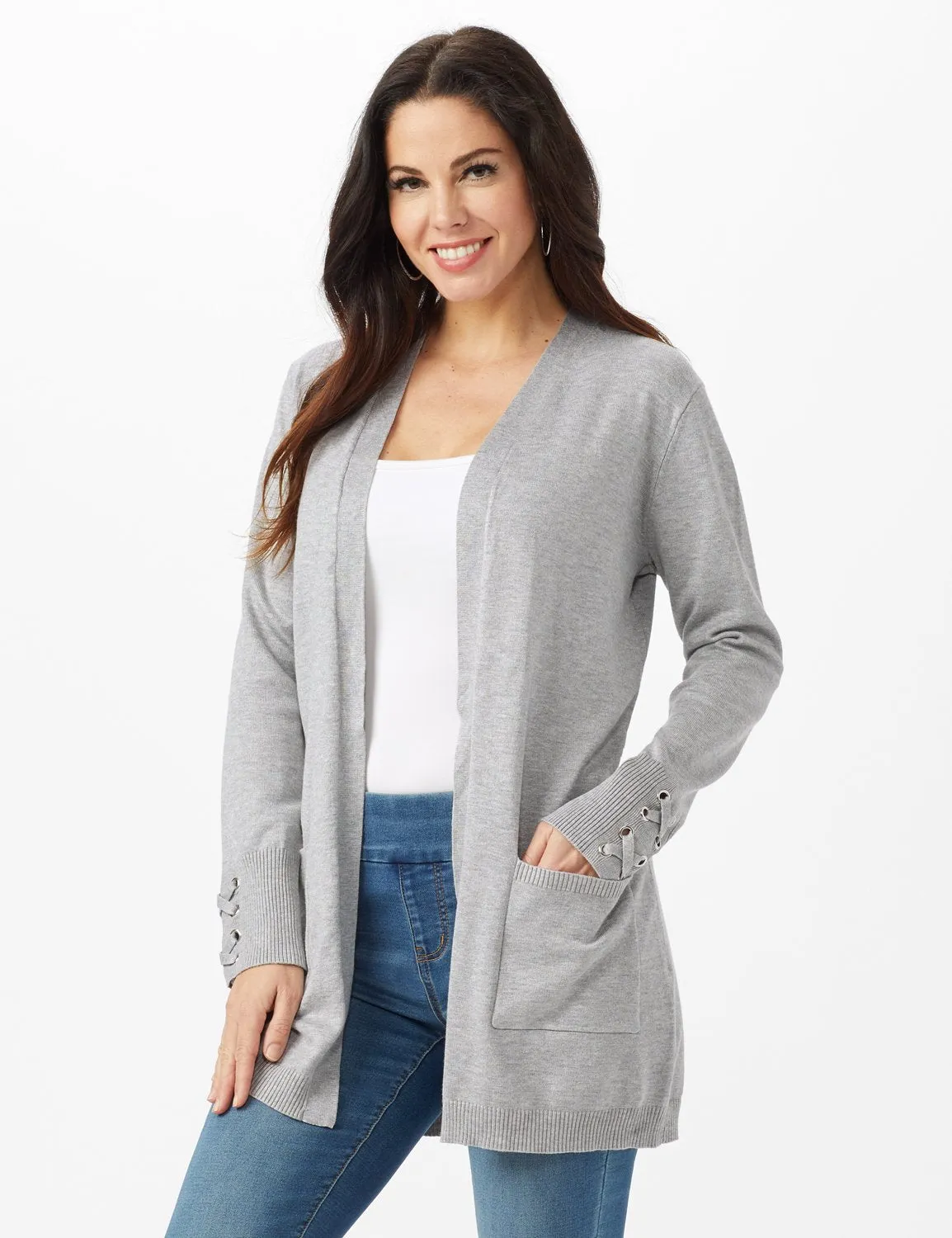 Grommet Lace-Up Trim Open Cardigan