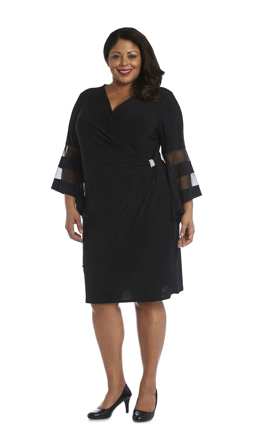 Illusion Bell Sleeve Dress with Rush Detail at Waist