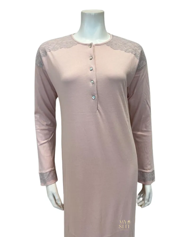 Iora Lingerie Lace Shoulder Detail Button Down Pink Modal Nightgown