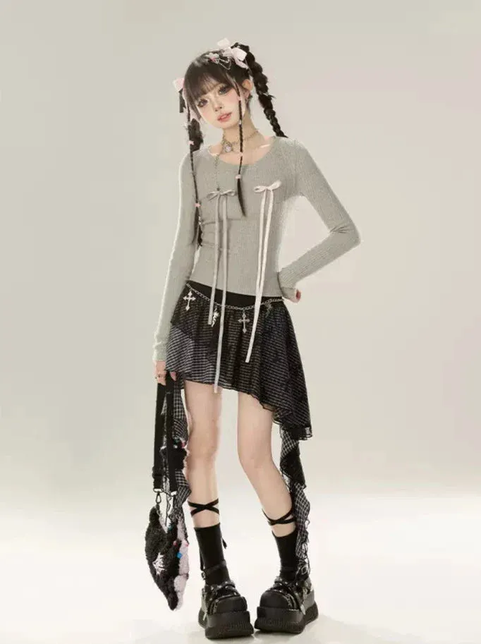 Irregular Lace Check Skirt Ruffle Mesh