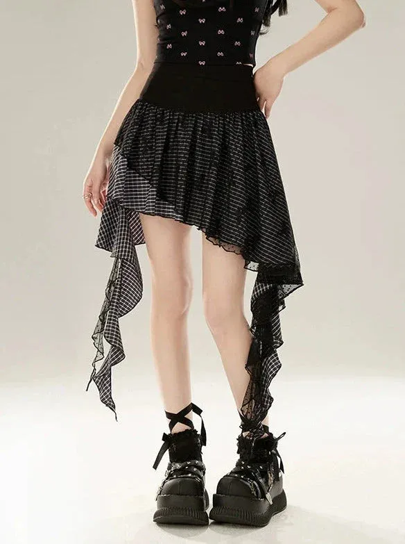 Irregular Lace Check Skirt Ruffle Mesh