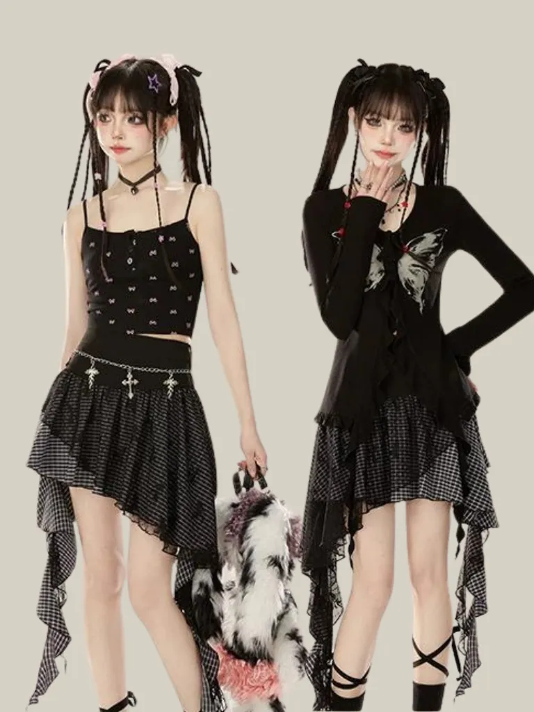 Irregular Lace Check Skirt Ruffle Mesh