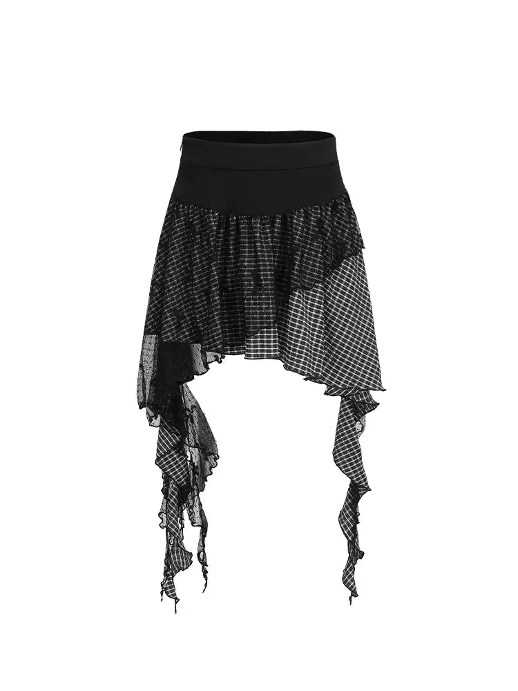 Irregular Lace Check Skirt Ruffle Mesh