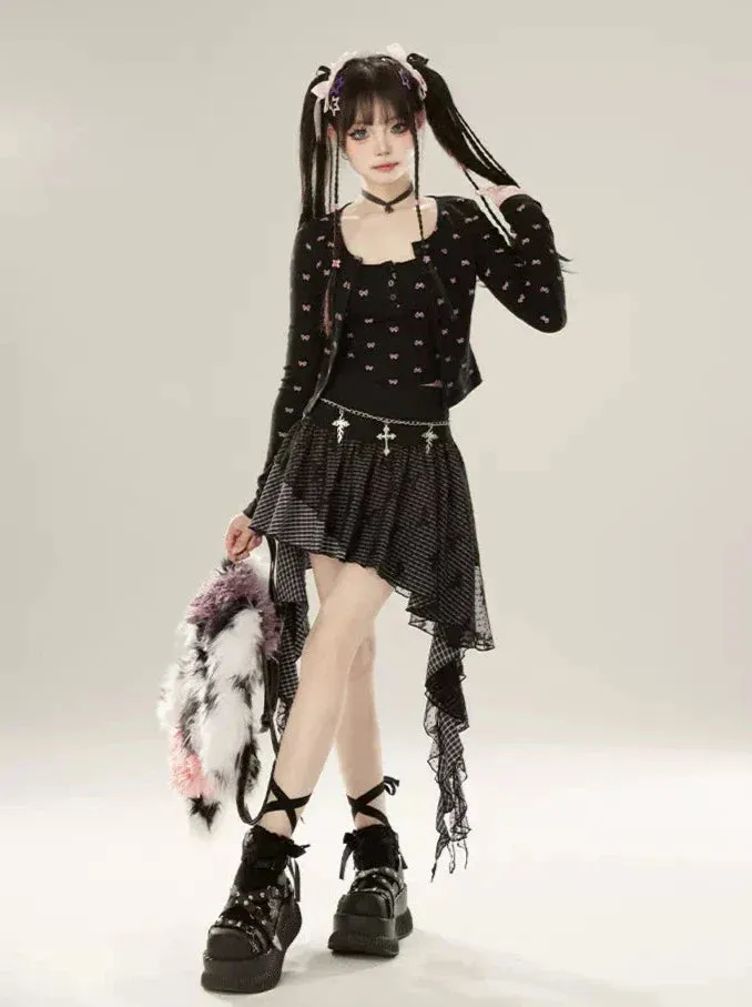 Irregular Lace Check Skirt Ruffle Mesh