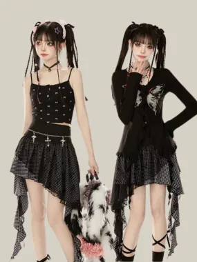 Irregular Lace Check Skirt Ruffle Mesh