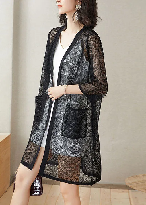 Italian Black Pockets Hollow Out Patchwork Lace Cardigans Summer LY9148