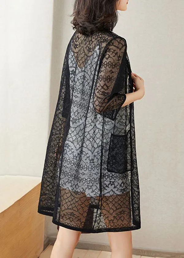 Italian Black Pockets Hollow Out Patchwork Lace Cardigans Summer LY9148