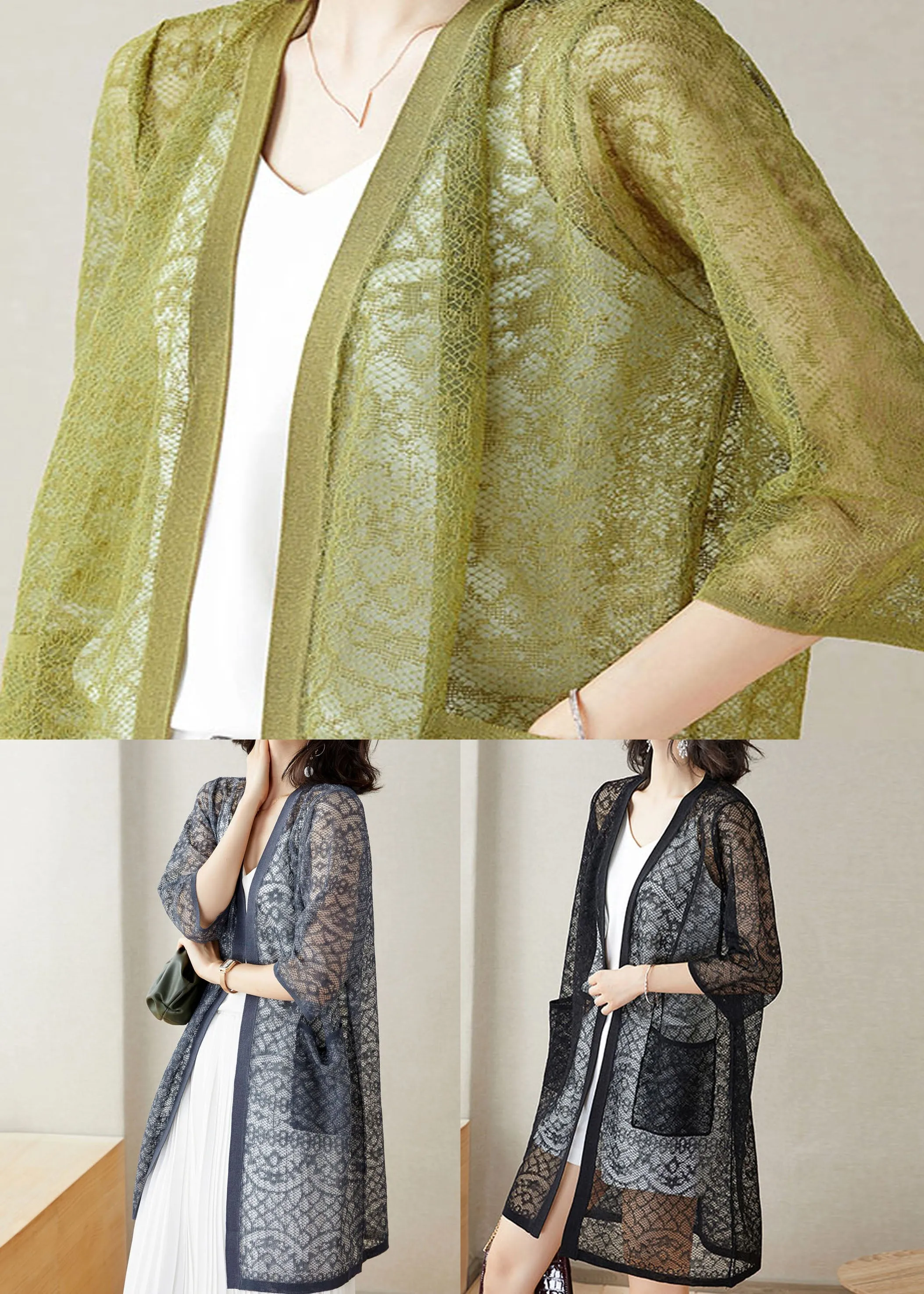 Italian Black Pockets Hollow Out Patchwork Lace Cardigans Summer LY9148