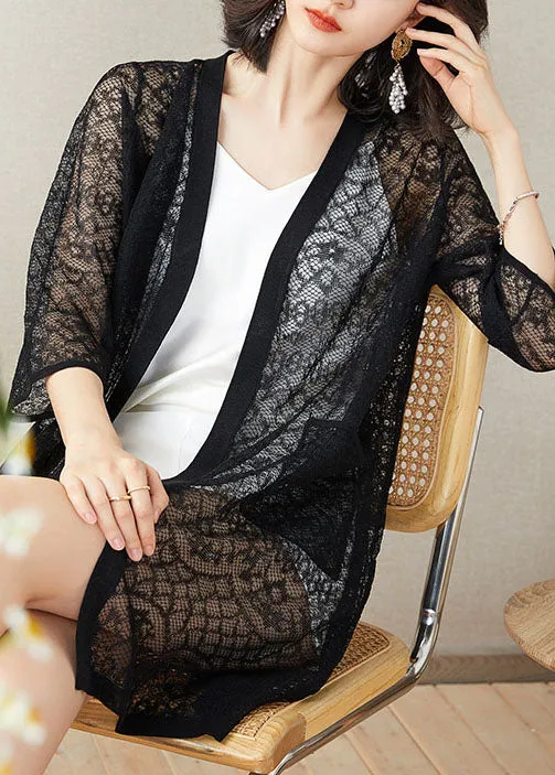 Italian Black Pockets Hollow Out Patchwork Lace Cardigans Summer LY9148