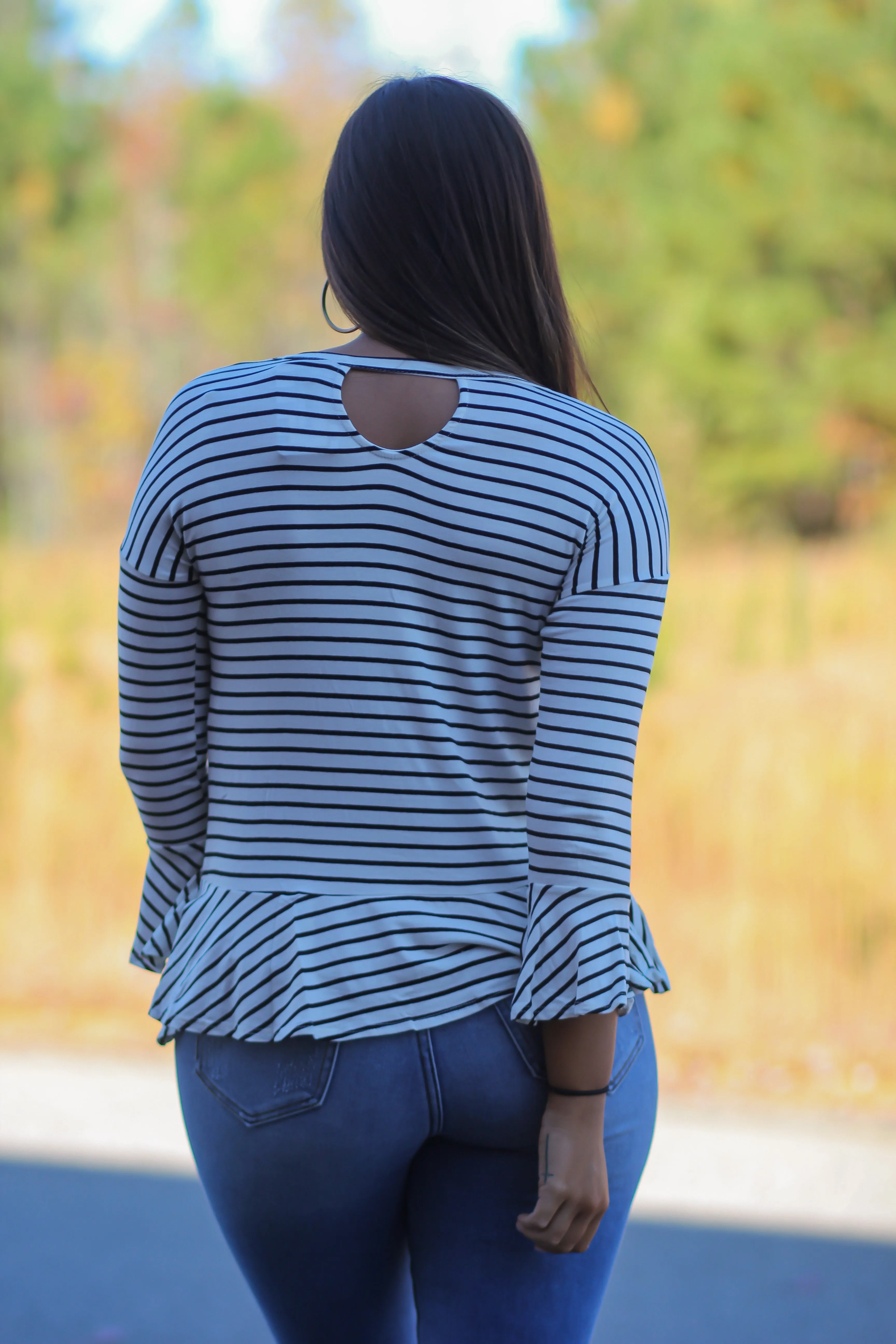 Ivory & Black Stripe Ruffle Hem Top