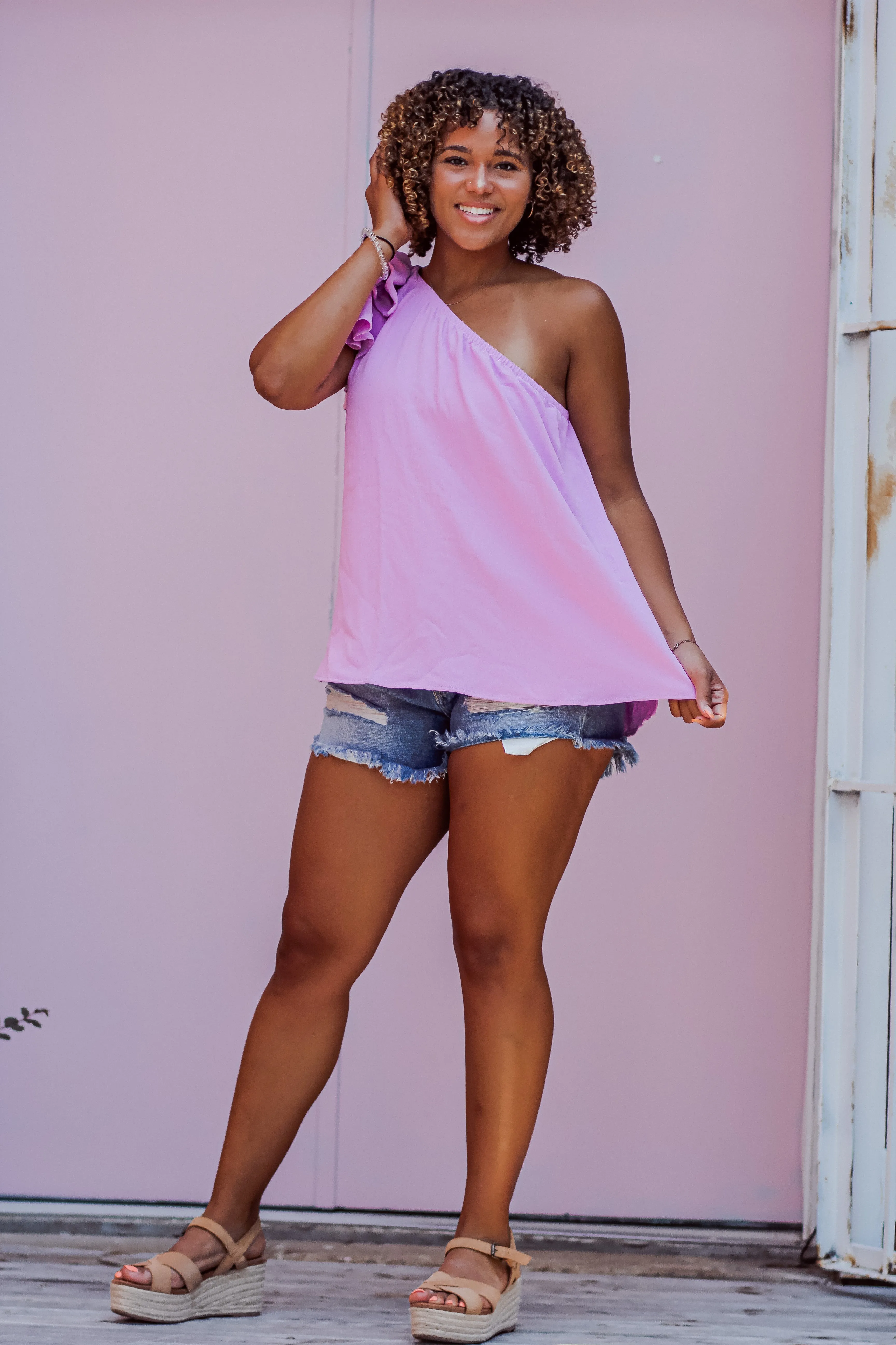 Lilac Solid Ruffle One Shoulder Top