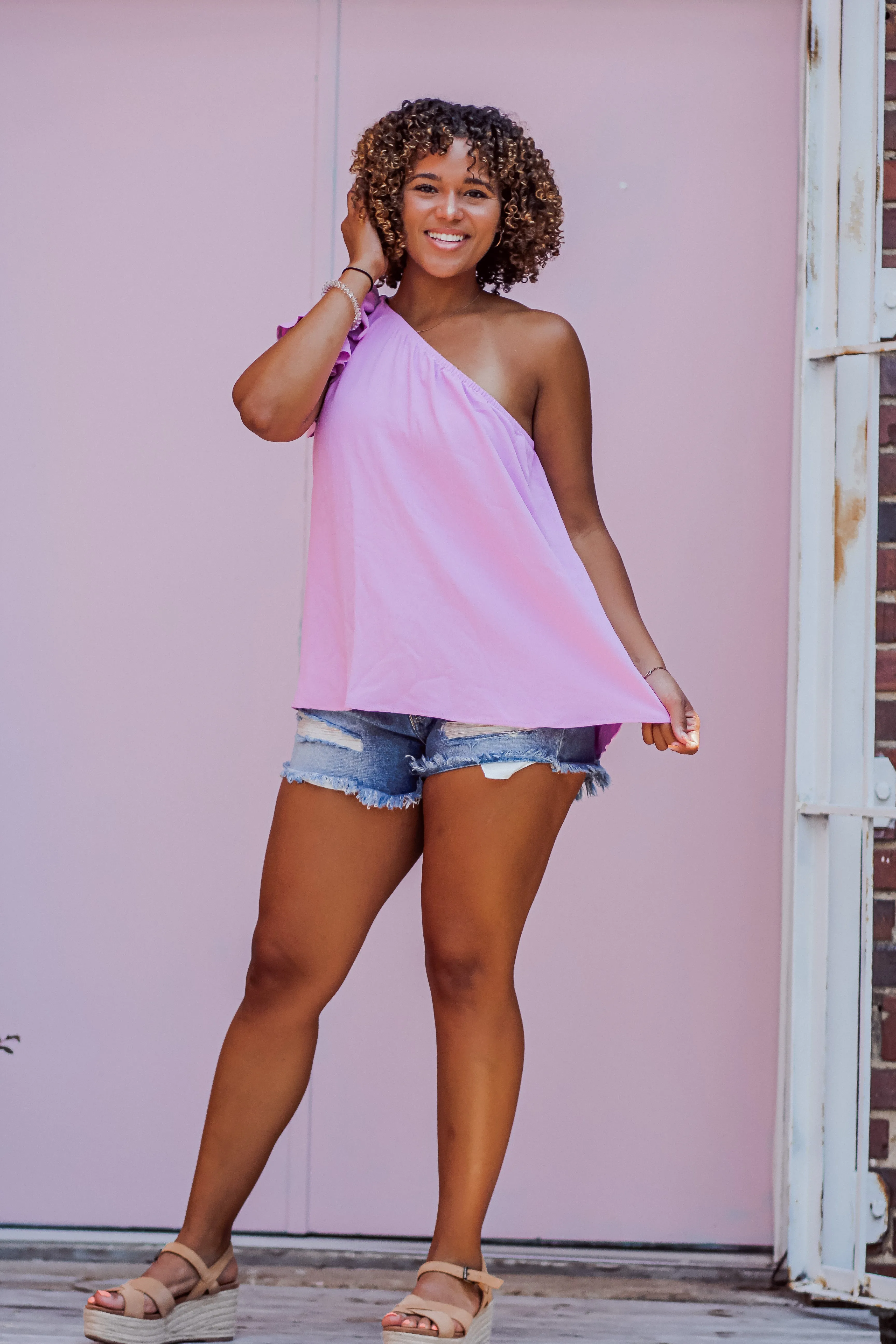 Lilac Solid Ruffle One Shoulder Top