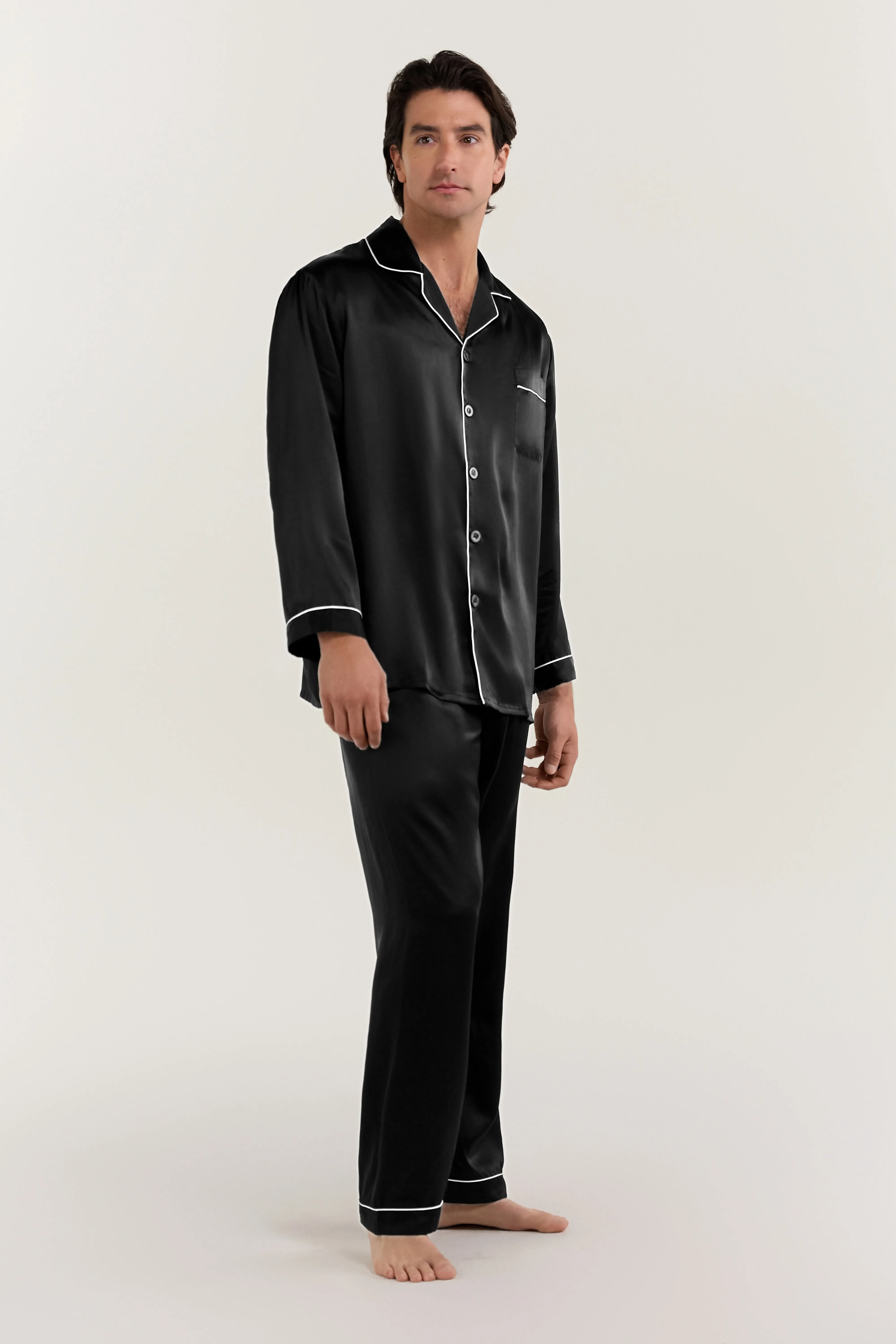 Men’s Long-Sleeve Silk Pajamas Set In Black