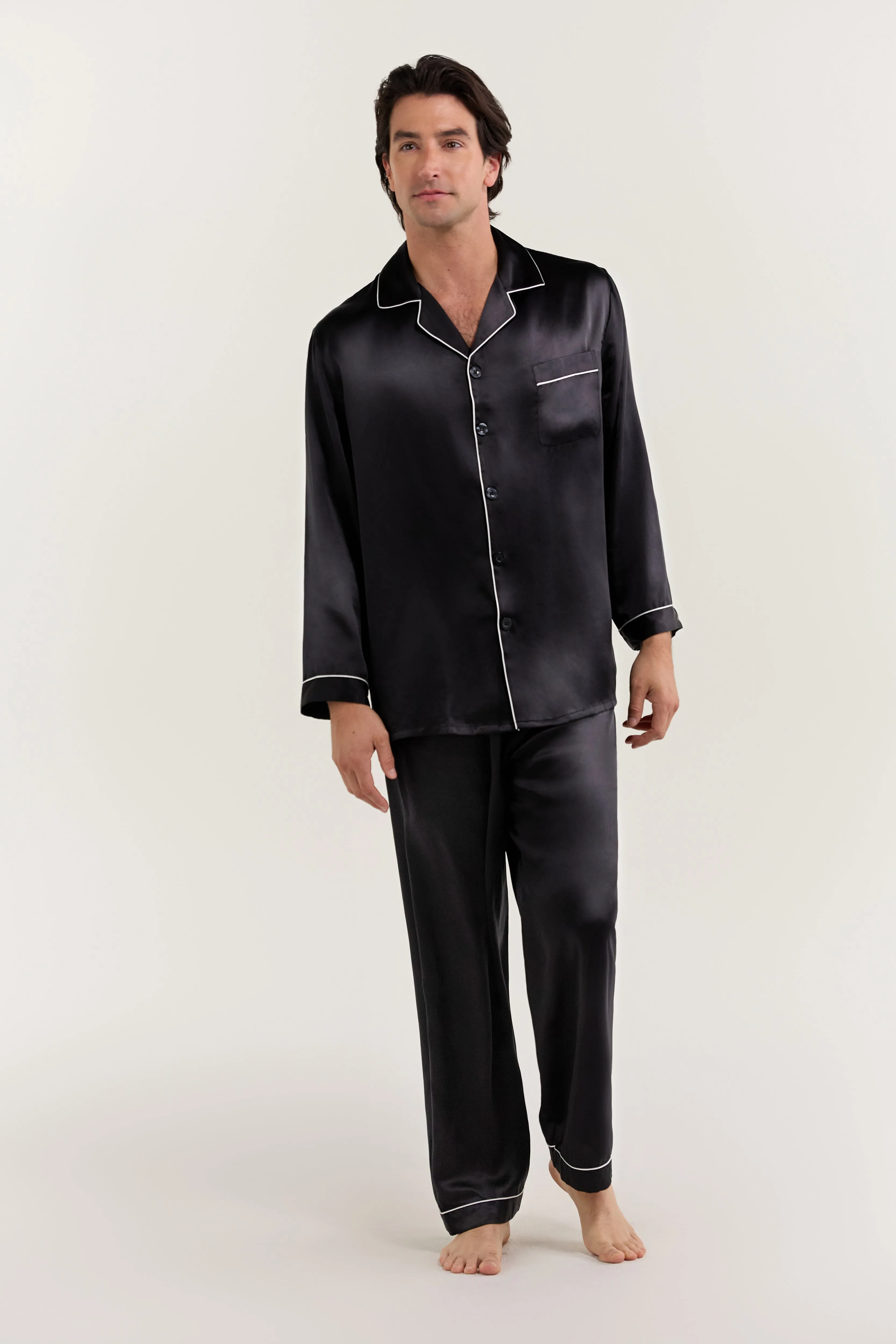 Men’s Long-Sleeve Silk Pajamas Set In Black