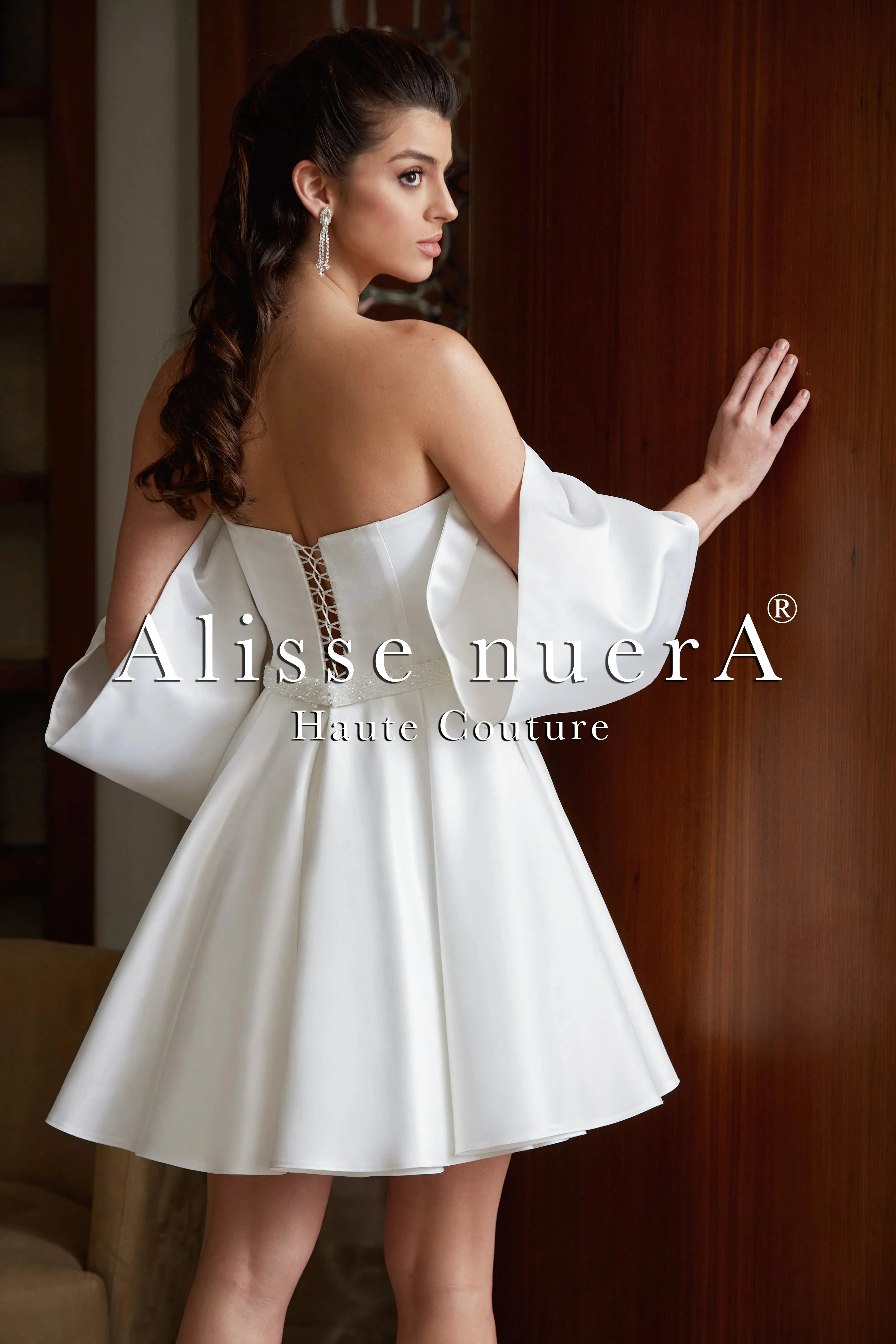 Off Shoulder Full Satin Mini Wedding Dress Model