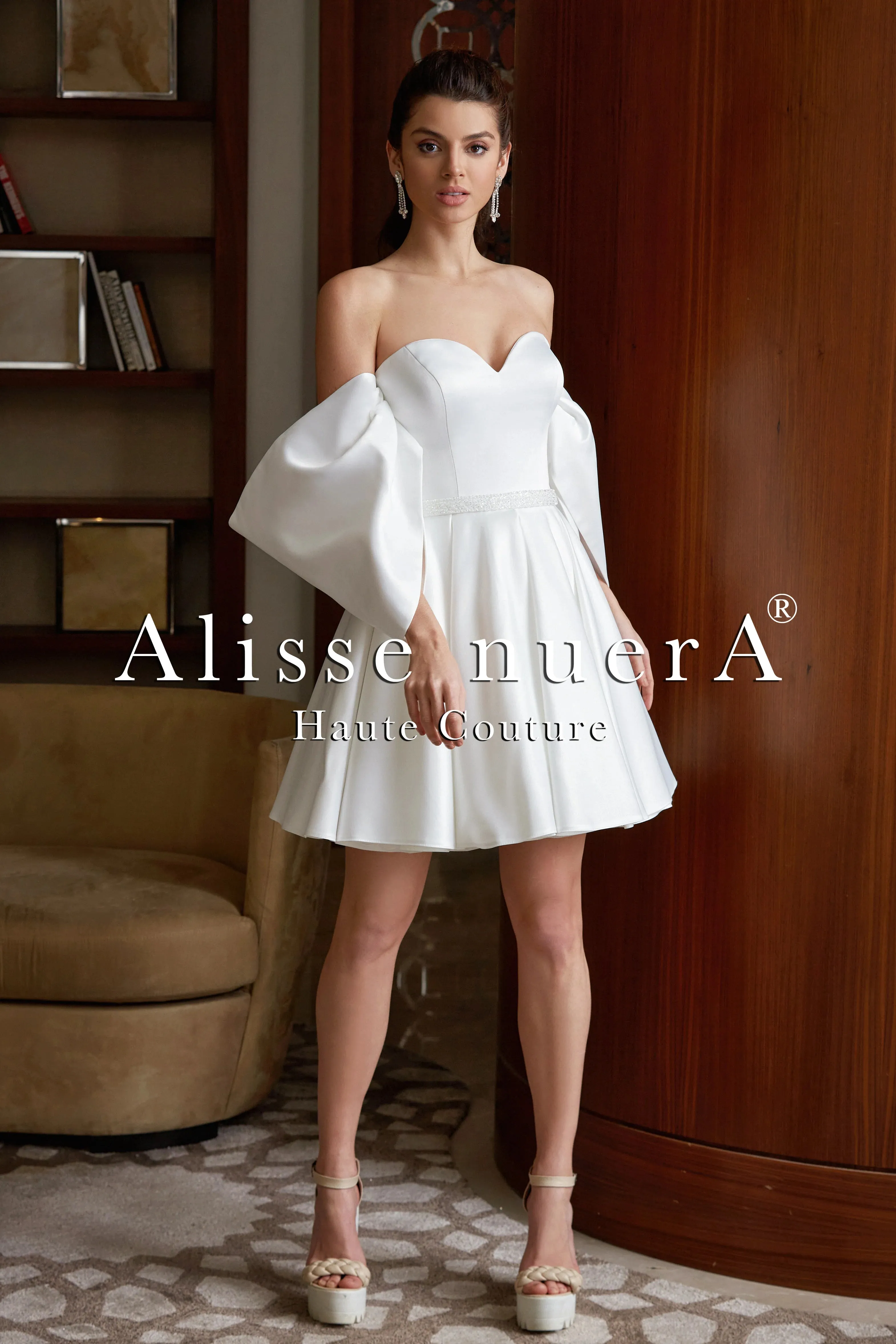 Off Shoulder Full Satin Mini Wedding Dress Model