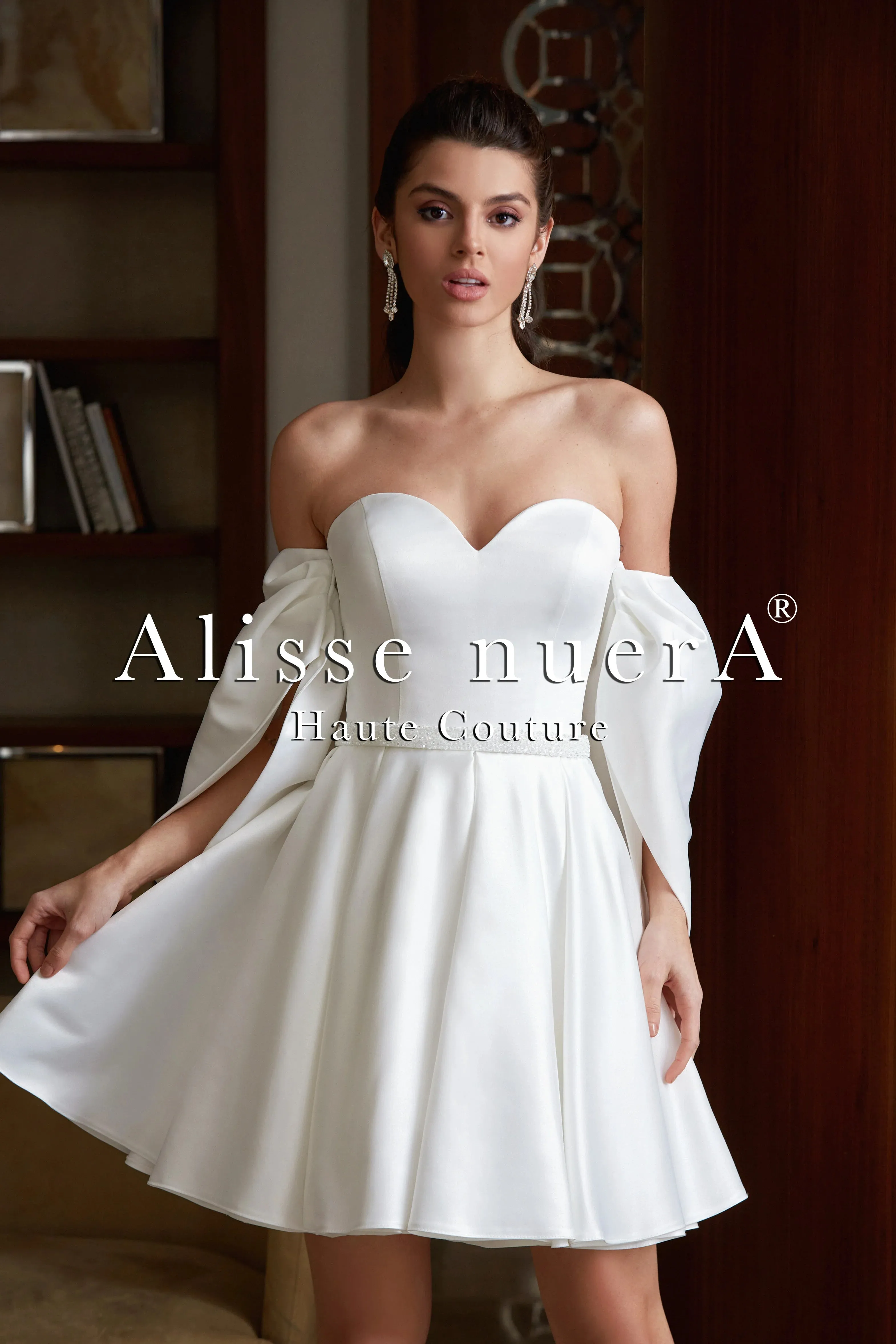 Off Shoulder Full Satin Mini Wedding Dress Model