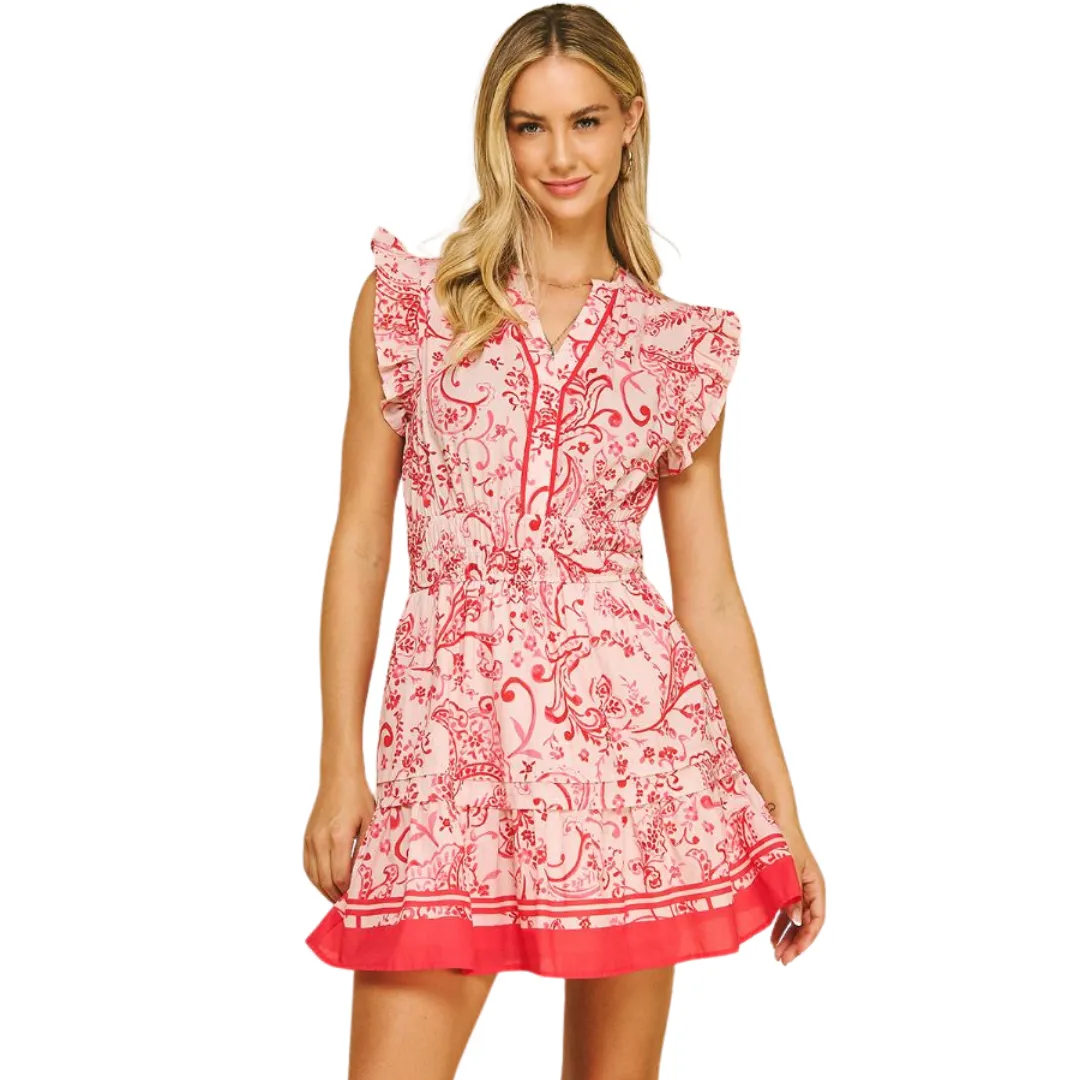 Paisley Print V Neck Mini Dress