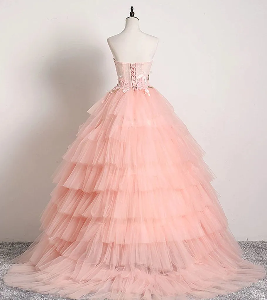 Princess Ball Gown Pink 3D Lace Multi-layered Prom Dresses, Tulle Quinceanera Dresses SWK15292