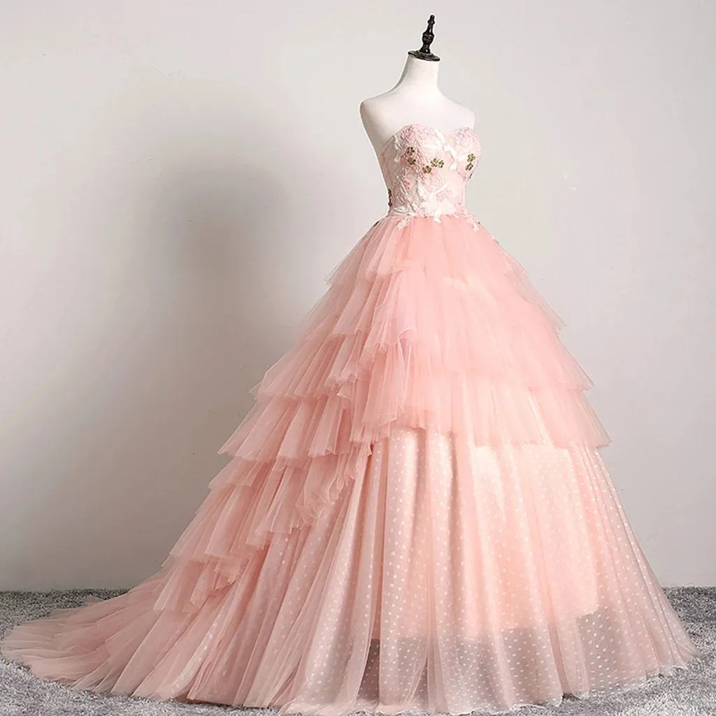 Princess Ball Gown Pink 3D Lace Multi-layered Prom Dresses, Tulle Quinceanera Dresses SWK15292