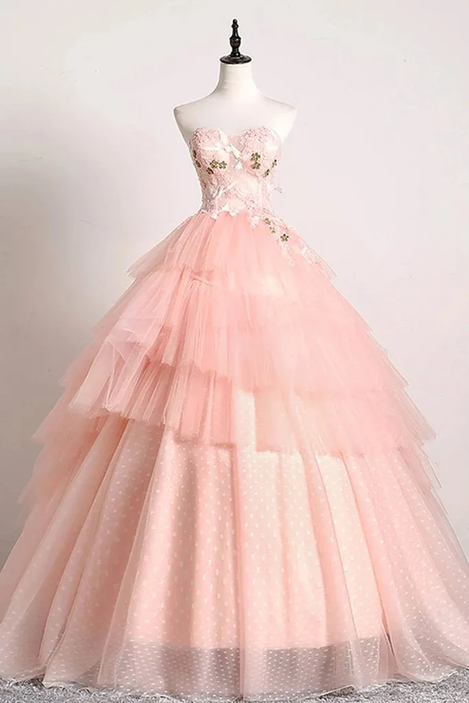 Princess Ball Gown Pink 3D Lace Multi-layered Prom Dresses, Tulle Quinceanera Dresses SWK15292
