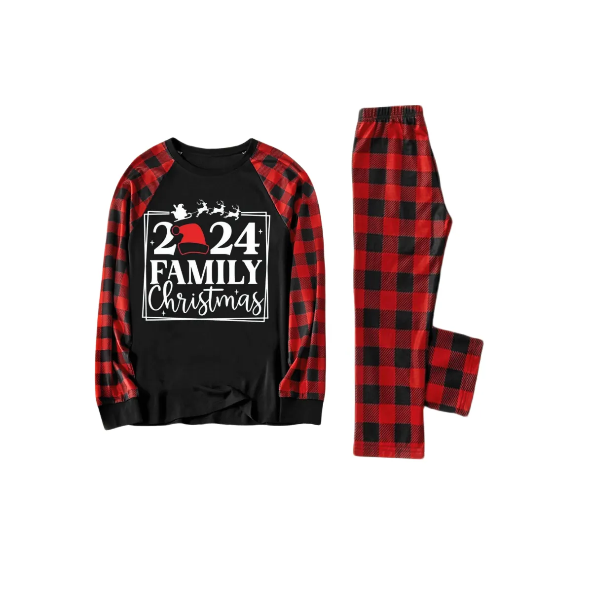 "2024 Family Christmas" Text and Santa Hat Print Black & Red Plaid Family Matching Pajamas