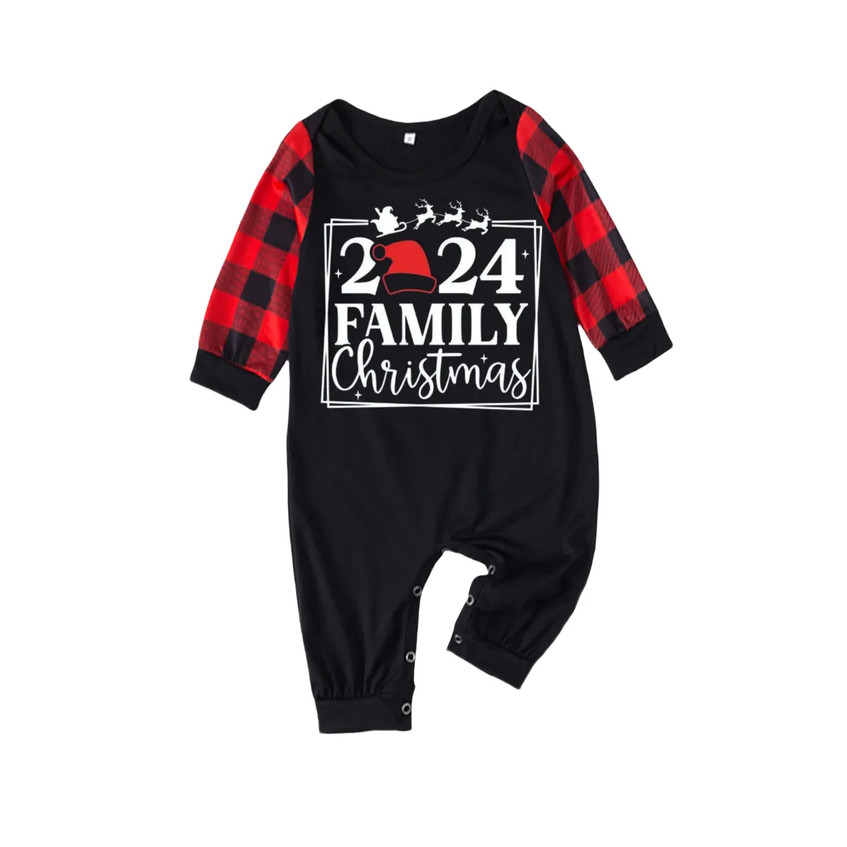 "2024 Family Christmas" Text and Santa Hat Print Black & Red Plaid Family Matching Pajamas