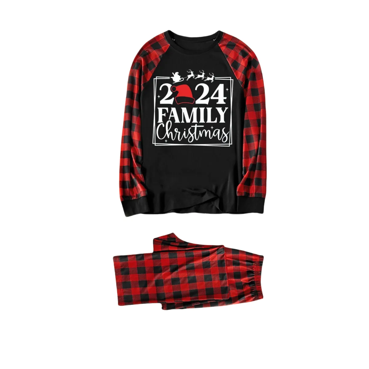 "2024 Family Christmas" Text and Santa Hat Print Black & Red Plaid Family Matching Pajamas