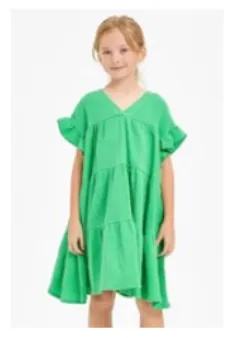 Ruffle Sleeves Green Tiered Gauze Dress