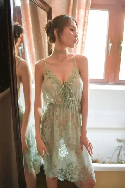 Sexy Lingerie Nightgowns Autumn Suspender V-neck Long Nightdress Ladies Sleepwear Sling Lace Sheer Cross Back Night Sleep Dress
