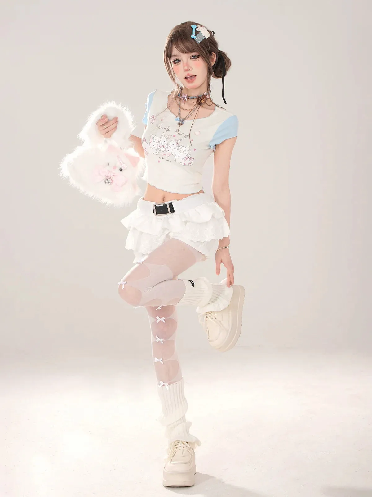 Short T-Shirt Cute U-Neck Ruffle Print Rabbit