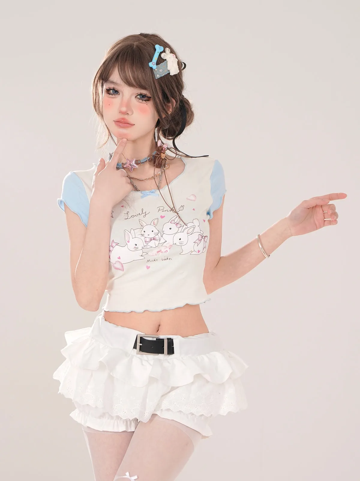 Short T-Shirt Cute U-Neck Ruffle Print Rabbit