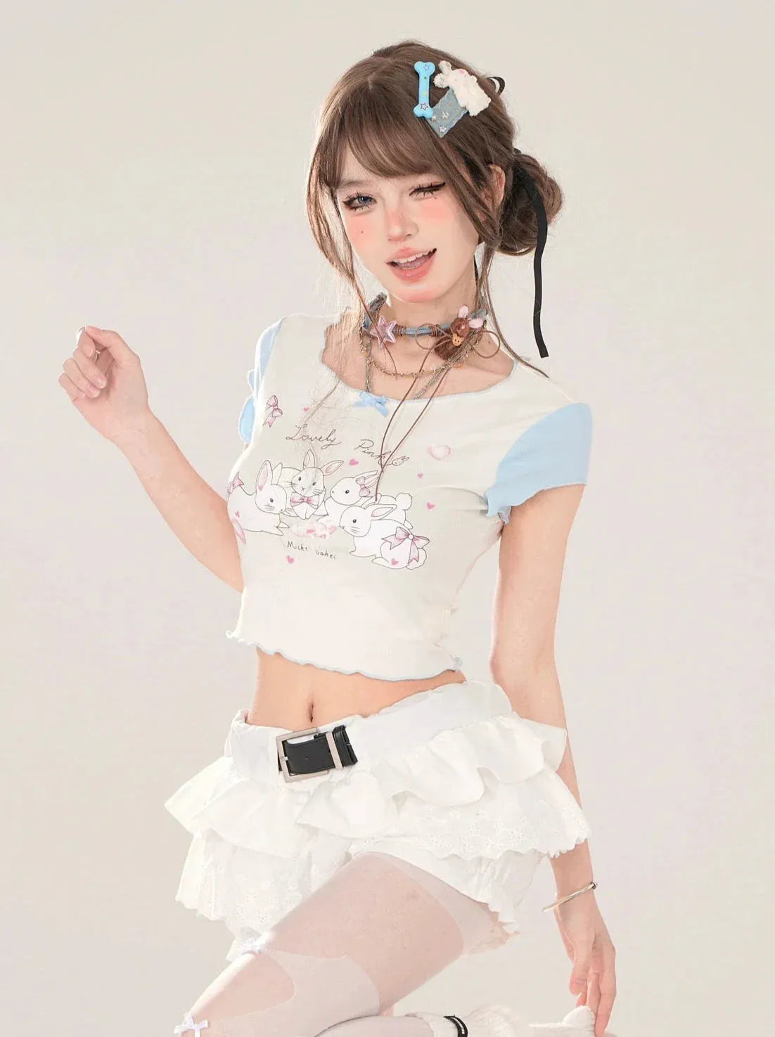 Short T-Shirt Cute U-Neck Ruffle Print Rabbit