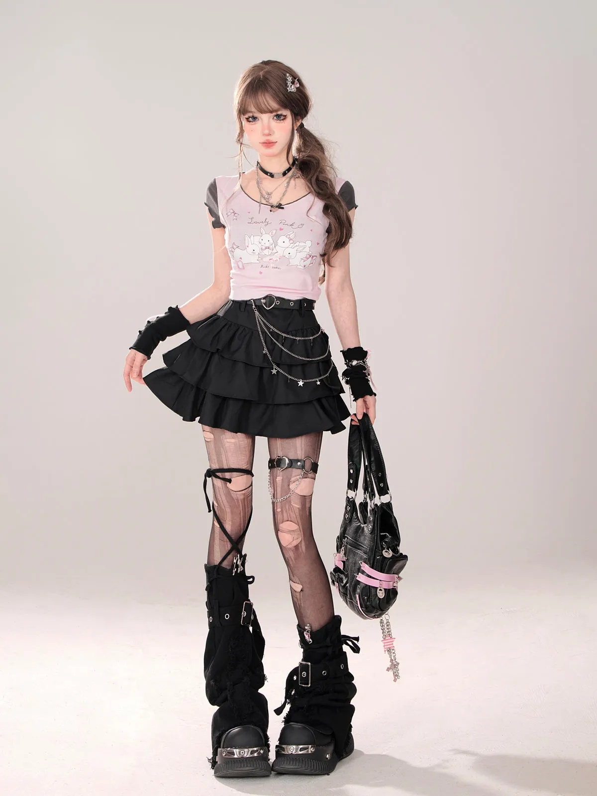 Short T-Shirt Cute U-Neck Ruffle Print Rabbit