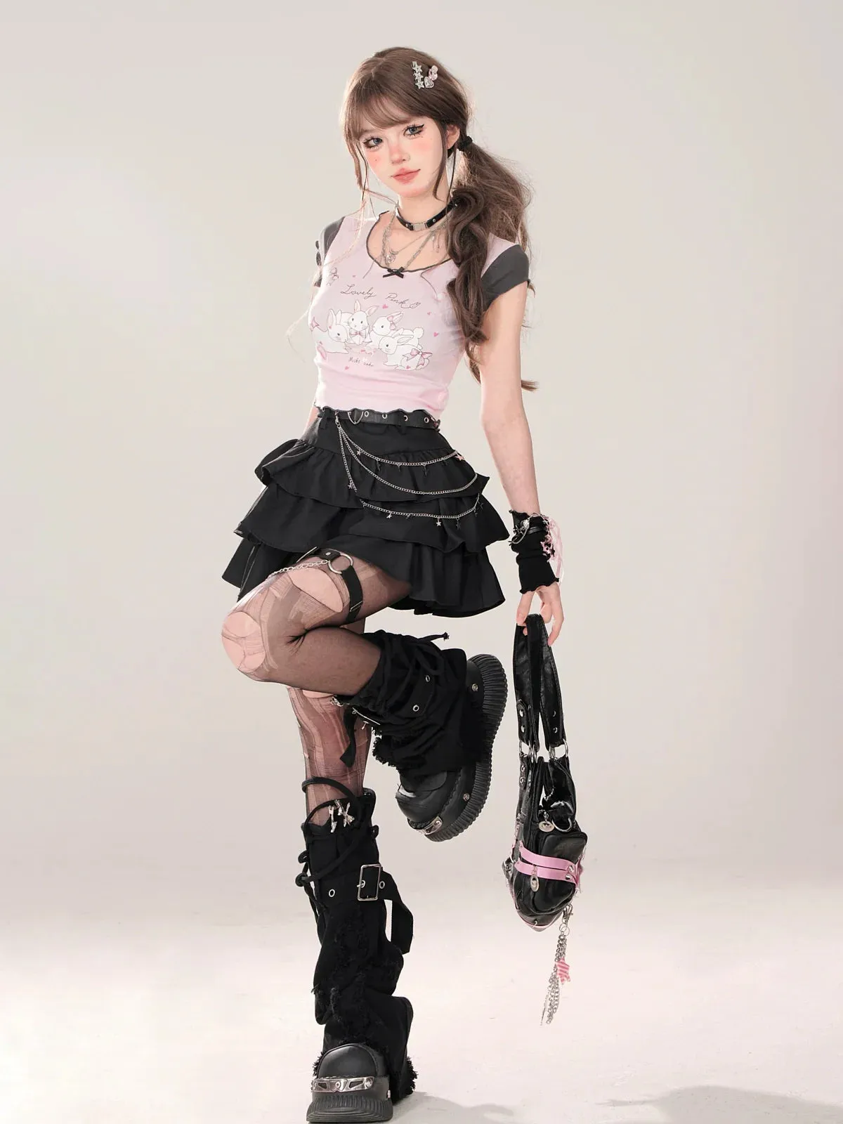 Short T-Shirt Cute U-Neck Ruffle Print Rabbit