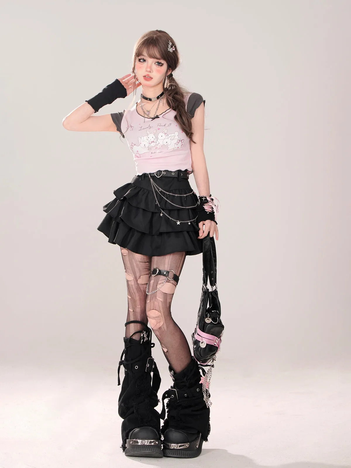 Short T-Shirt Cute U-Neck Ruffle Print Rabbit