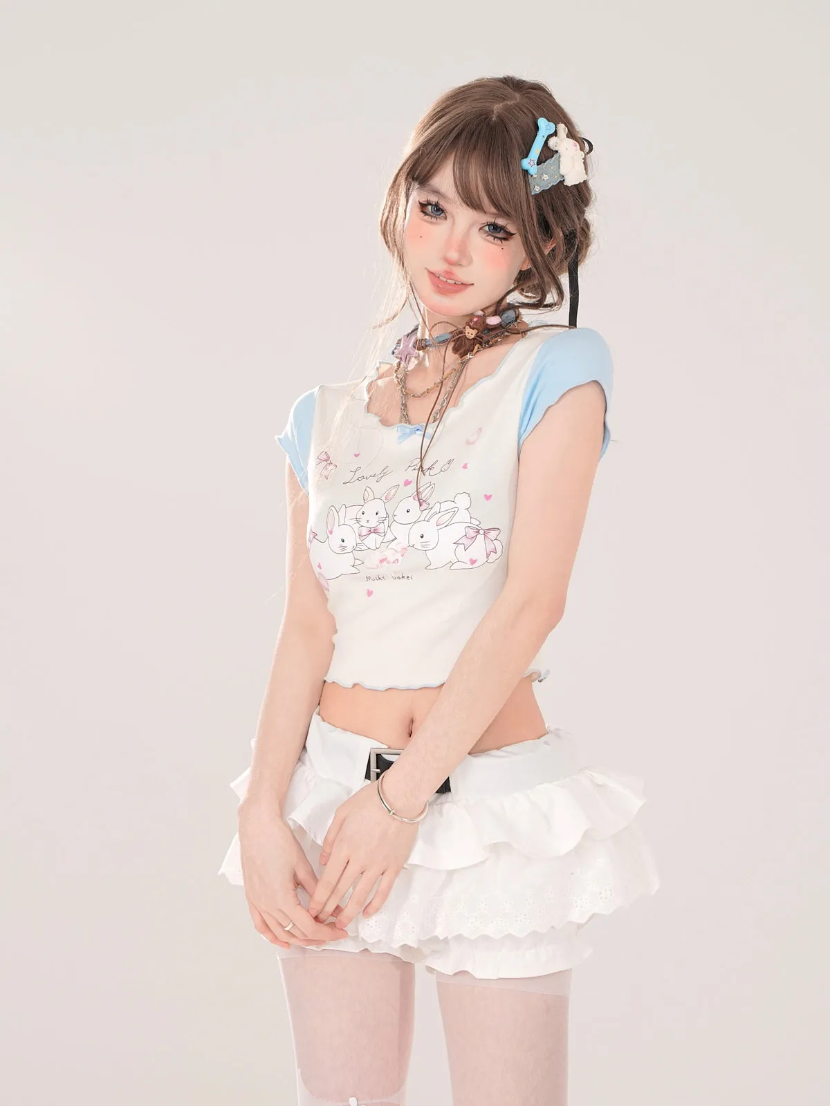 Short T-Shirt Cute U-Neck Ruffle Print Rabbit