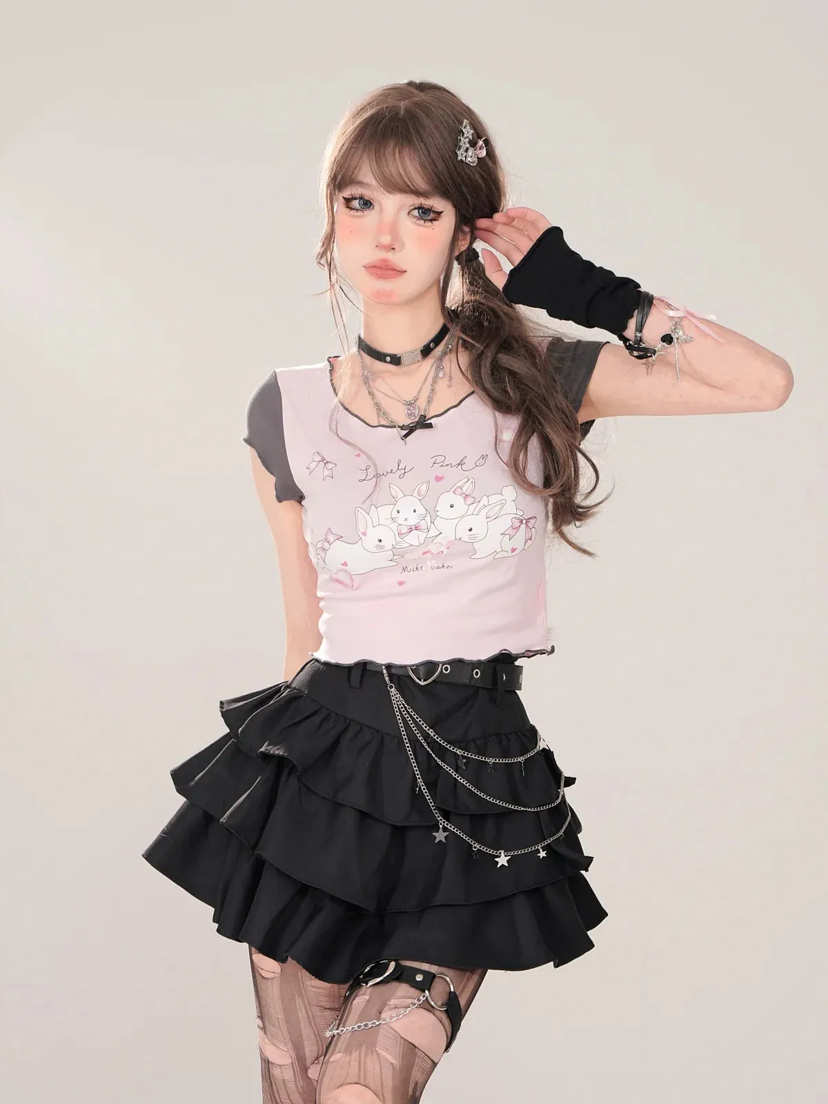 Short T-Shirt Cute U-Neck Ruffle Print Rabbit