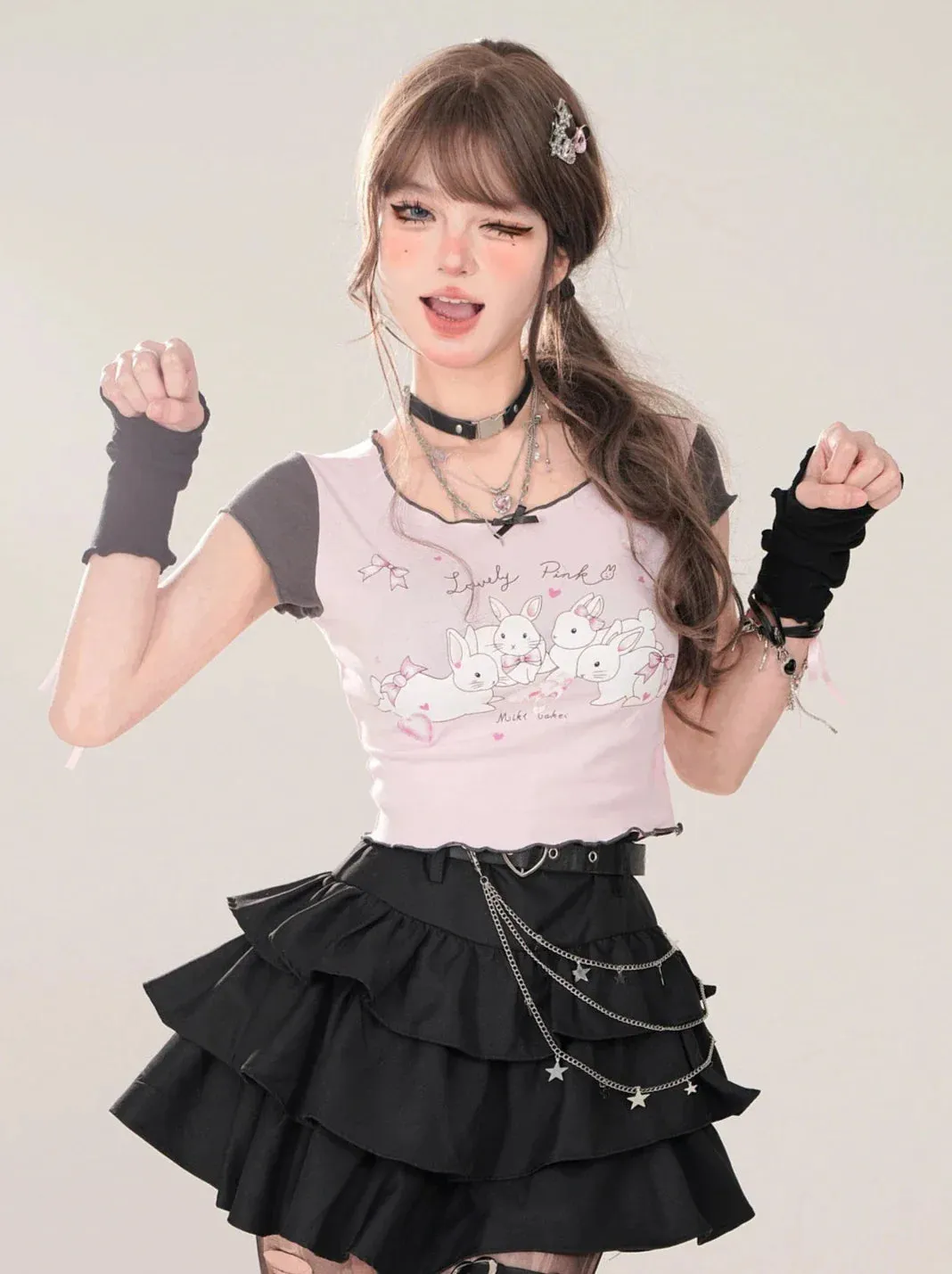 Short T-Shirt Cute U-Neck Ruffle Print Rabbit