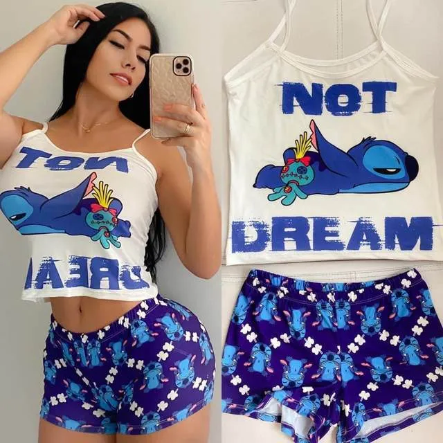 Summertime Hot Breathable 2 Piece Stitch Cartoon Pajamas Sexy Home-wear Short Set Lounge-wear   S5093115