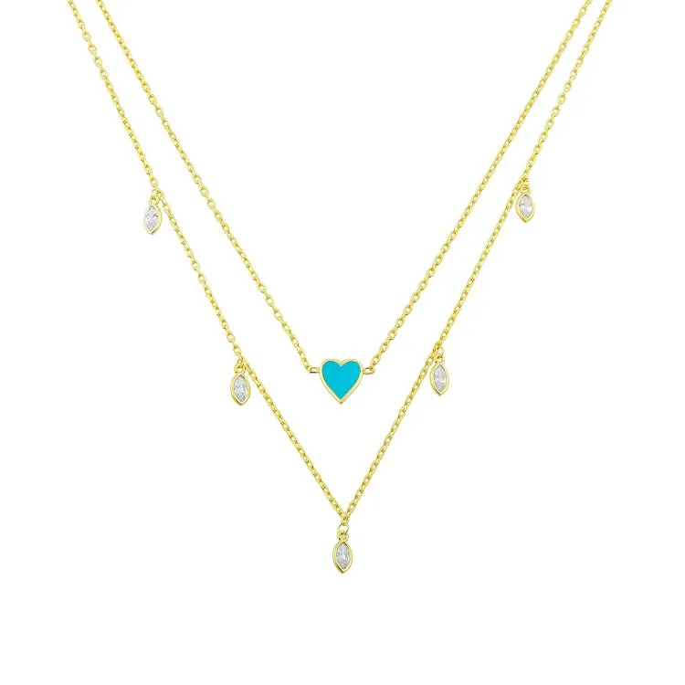 Teal Heart with Crystal Drop Layered Necklace