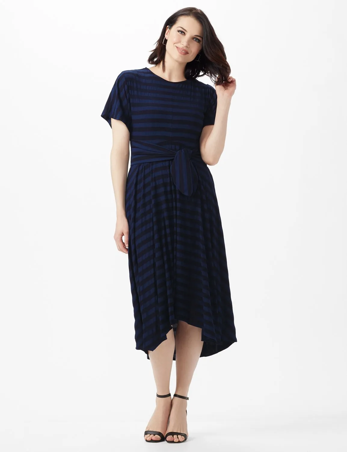 Tonal Stripe Tie Waist Sharkbite Hem Dress