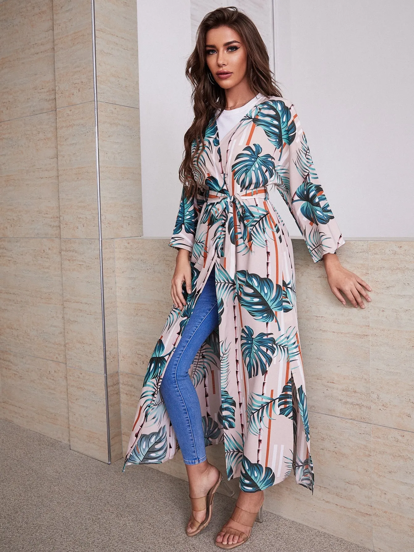 Tropical Print Belted Kimono